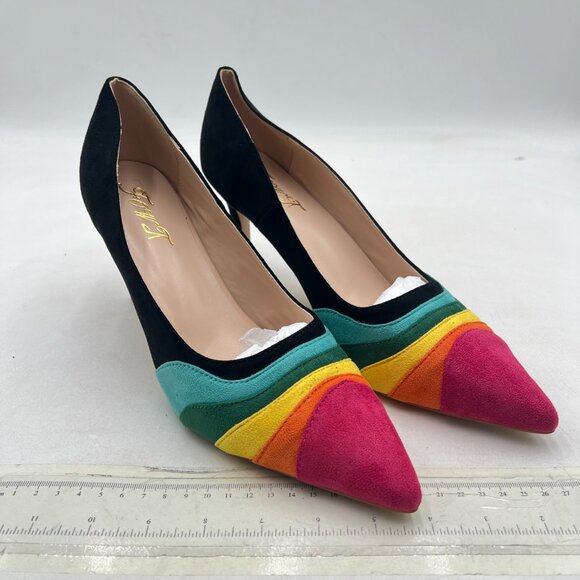FOWT Black Rainbow Pumps High Heel Pointed Toe Pump Slip-on Rainbow Shoes - Picture 4 of 8